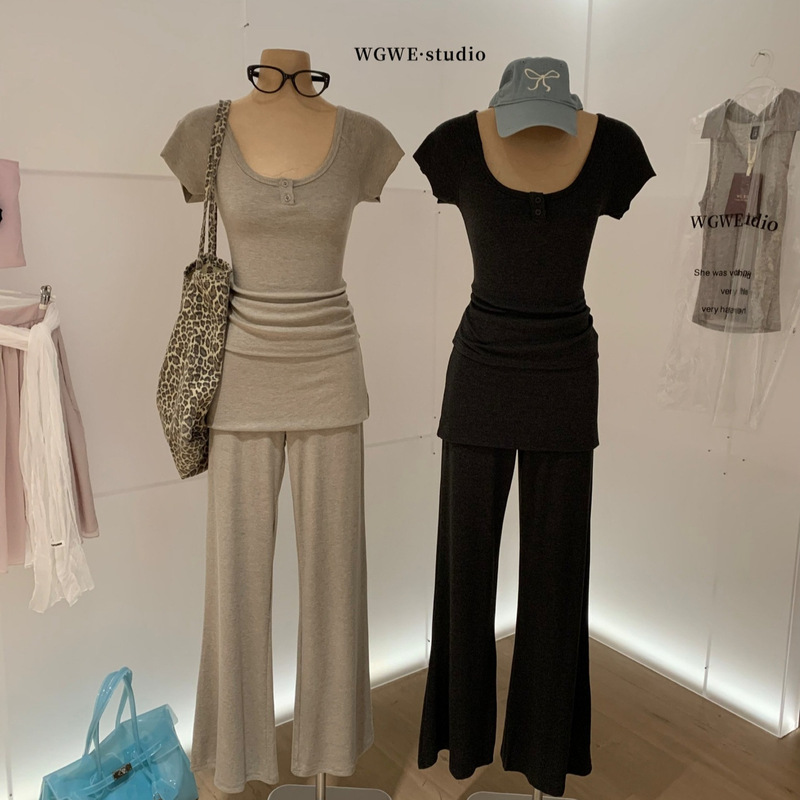 WGWE Korean-style casual pleated waist-cinching short-sleeve T-shirt + slim-fit flared pants two-piece set W9964