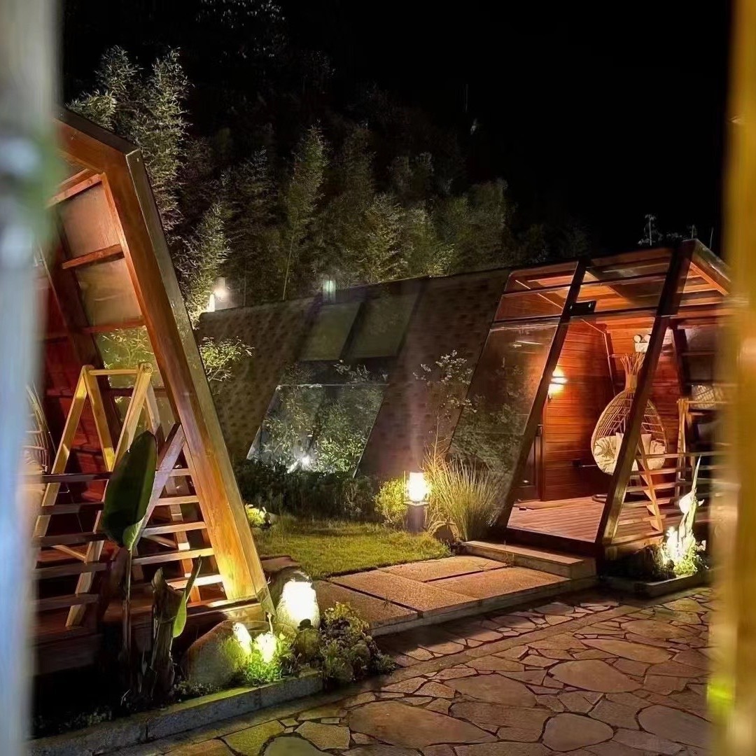 Red neta fabricante de carpas triangular comedor al aire libre olla caliente lujo salvaje a prueba de lluvia casa de familia casa de madera camping estrella producción de habitación