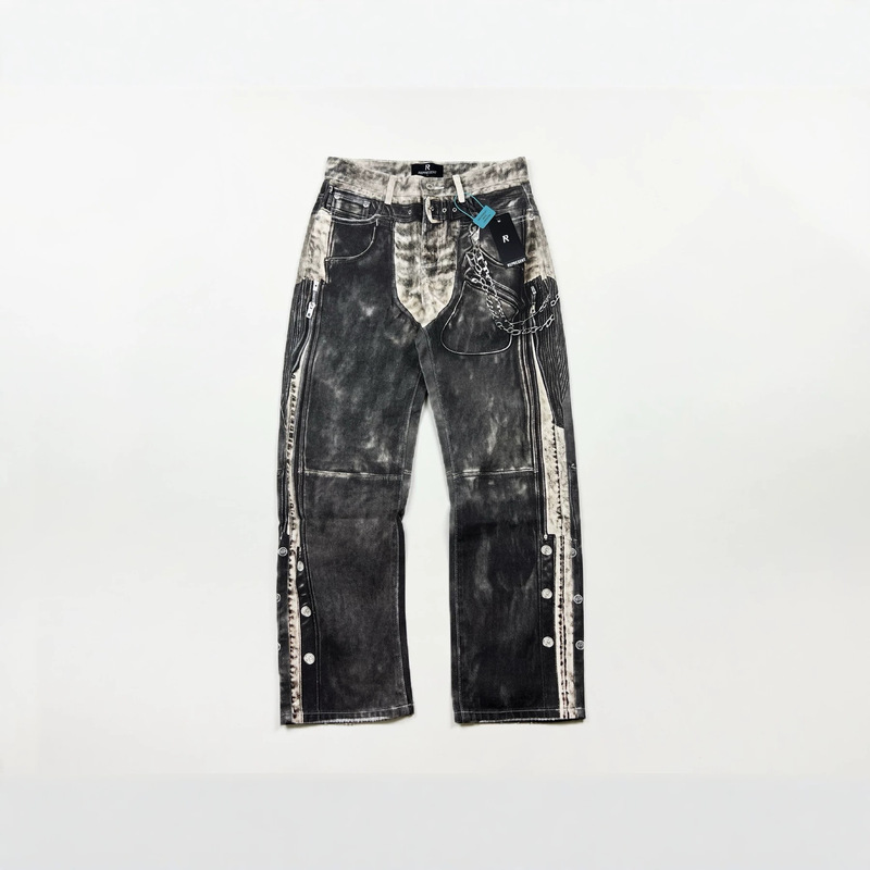 Represent heavy-duty patchwork western biker washed distressed vintage workwear deconstructed jeans for men and women