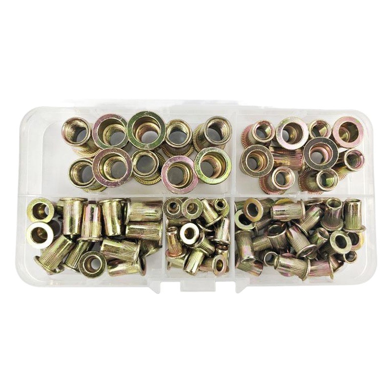 En caja de 100 piezas de color plateado tuerca de remache de zinc M3/M4/M5/M6/M8 cabeza plana tuerca de grano vertical