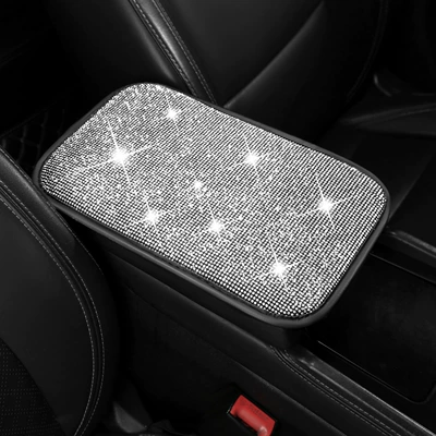 Sparkling rhinestone car armrest cushion for small feet, universal car interior decoration pad, TikTok, Shein, Amazon style (Armrest box pad) - silver-hot-stamped-rhinestones