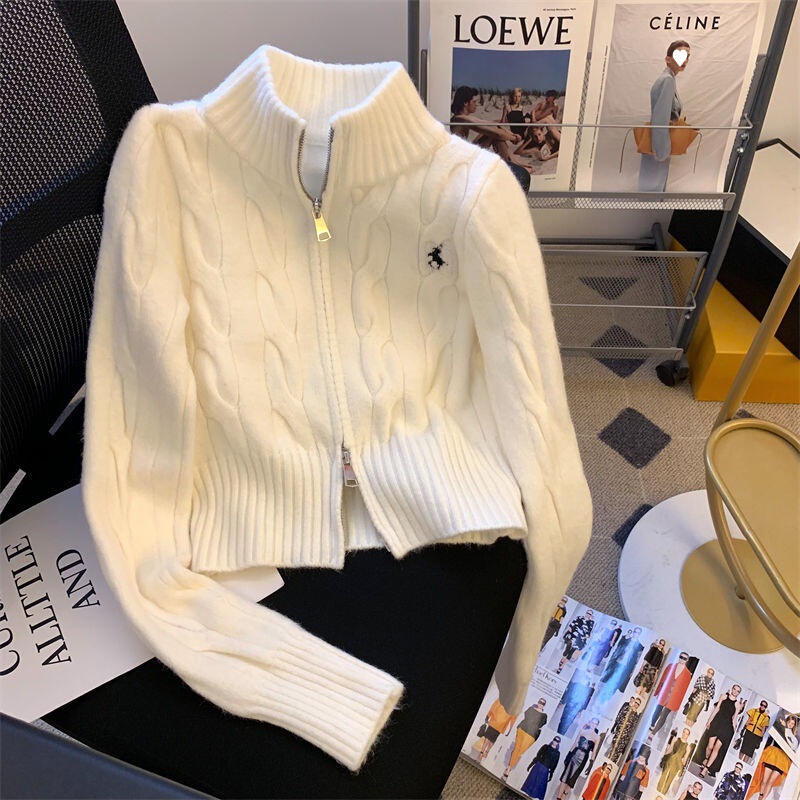 Korean Retro Cable-Knit Stand-Up Collar Sweater Jacket for Women in Autumn and Winter, Age-Reducing Chic Embroidered Knitted Cardigan Preppy Style Top