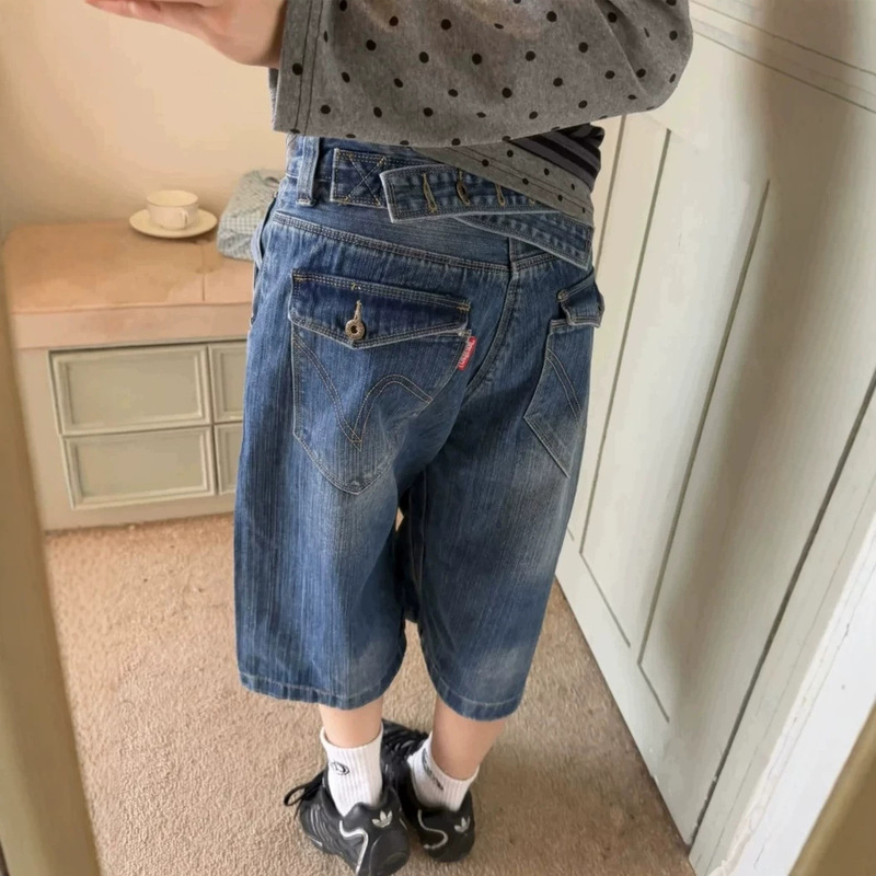 American Retro Bamboo Buckle Washed Cropped Pants for Women, Summer Vintage High Street Cleanfit Denim Shorts Trendy American Retro Bamboo Buckle Washed Cropped Pants for Women, Summer Vintage High Street Cleanfit Denim Shorts Trendy