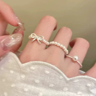 蝴蝶结珍珠弹力戒指女款轻奢气质高级感叠戴食指戒ins冷淡风指环