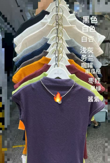 高级感酱紫色半高领小飞袖t恤女早秋款气质显瘦内搭螺纹短袖上衣|undefined