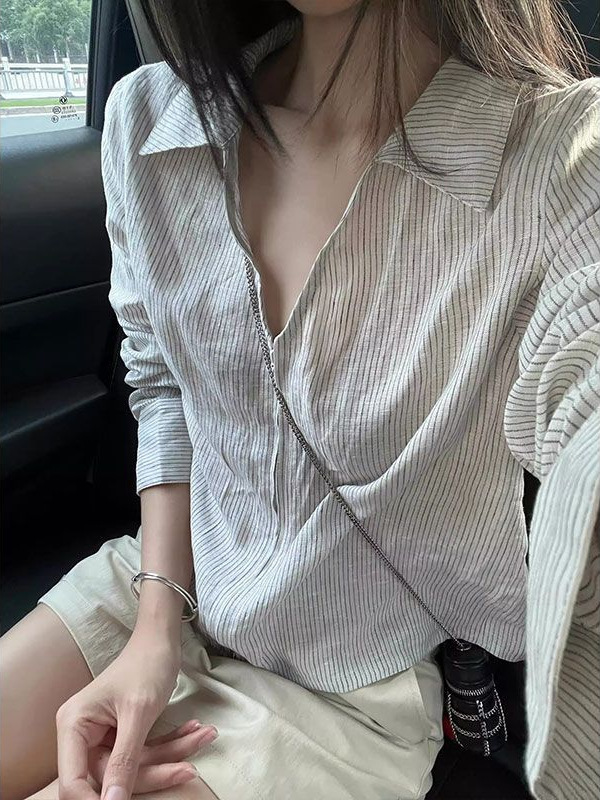 韩系气质老钱风拉条纹衬衫女设计感翻领衬衣通勤百搭宽松减龄上衣|undefined