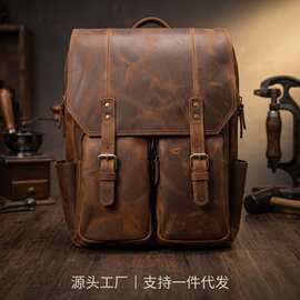 跨境英伦复古牛皮双肩包潮男包疯马皮背囊旅行真皮机车背提电脑包