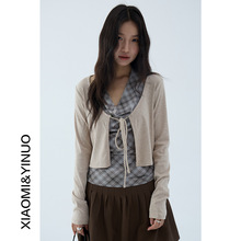 【欧凡】气质格子荡翎挂脖吊心+短款长袖开衫 秋季叠穿两件套3144