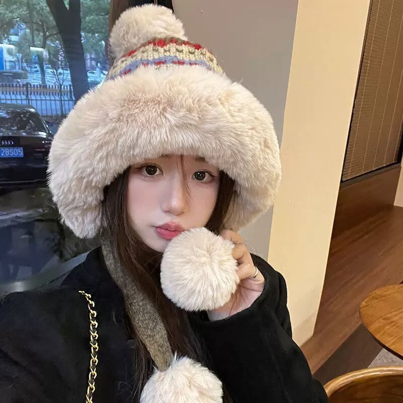 可爱毛绒帽子女冬季加绒针织毛线帽护耳保暖毛茸茸东北防寒雷锋帽|undefined