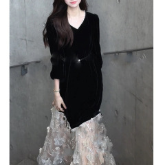 法式长袖连衣裙女2025秋季新款高级感气质拼接网纱长裙子配腰带潮