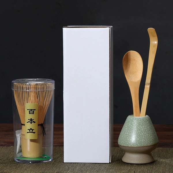 Pink green + open texture tea spoon + 100% + bamboo spoon + tea puller + box