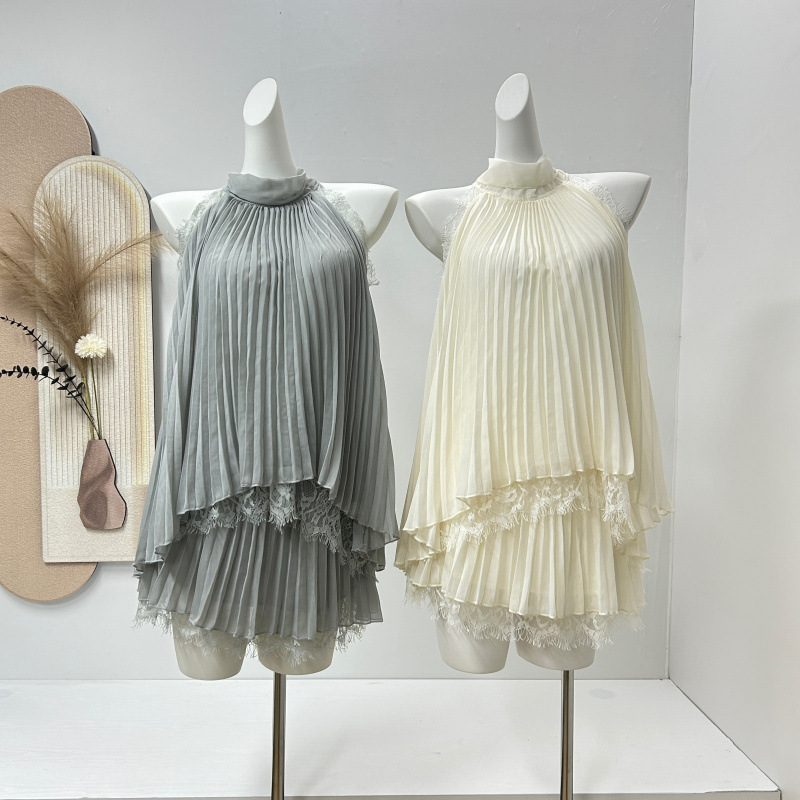服の女性の夏のスーツ白い雲甘い愛サマースタイルレースホルターネックノースリーブトップシフォンツーピースセット2025新しいスタイル|undefined