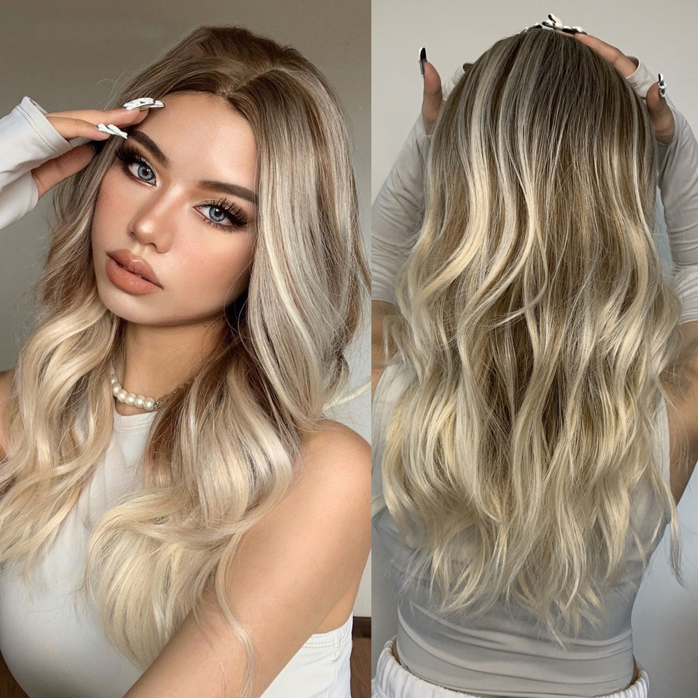 Synthetische Perücke für Damen, langes lockiges Haar mit Farbverlaufsfärbung auf dem Kopf, großes Wellen-Stirnband, Hochtemperatur-Seiden-Rosennetz_voghion.com