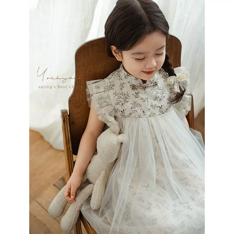 Новое изысканное платье в китайском стиле для молодых девушек с развевающимися рукавами и сетчатым платьем на пуговицах, летняя юбка-чонсам с воротником-стойкой и веревочным подолом