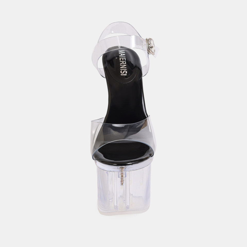 Sandal nữ gót thô siêu cao hở mũi đế trong suốt chống thấm, quai ngang khóa cài — Màu bạc, Màu hồng, Màu trắng, Màu tím chi tiết 5