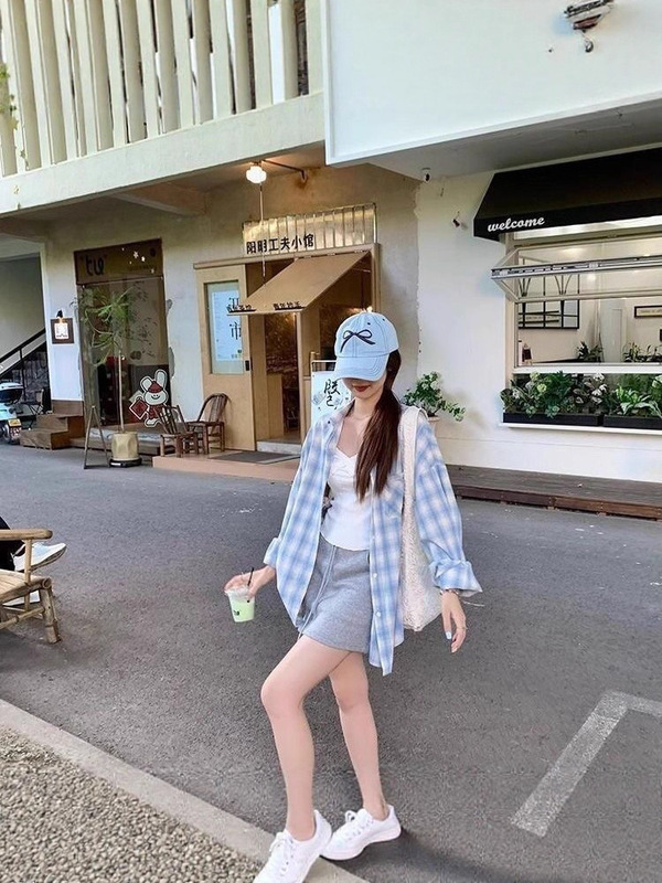 美式复古蓝色格子衬衫外套女2025秋季新款别致宽松休闲防晒衬衣潮|undefined