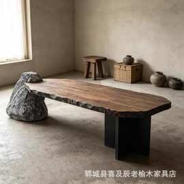 侘寂风老榆木茶桌民宿酒店大板桌餐桌茶台木与石头组合茶台桌子