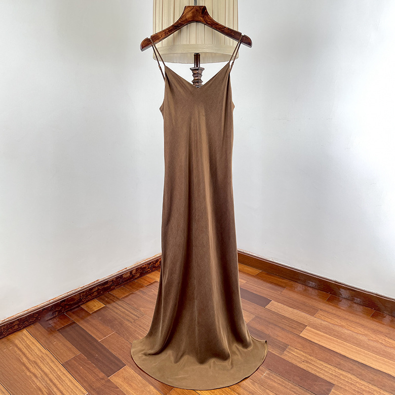 Lefter sand wash copper ammonia V collar suspender skirt female! French Retro Slim Tall Shoulder dress