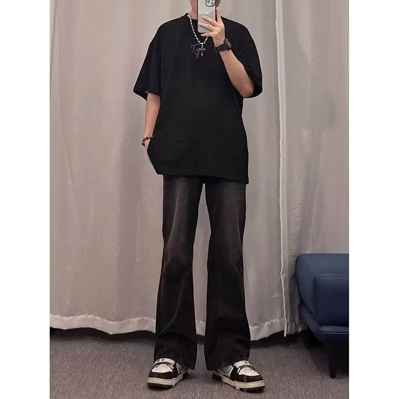 2024 primavera y otoño nuevo estilo americano calle alta suelta recta pantalones largos casuales negros marca de moda jeans para hombres