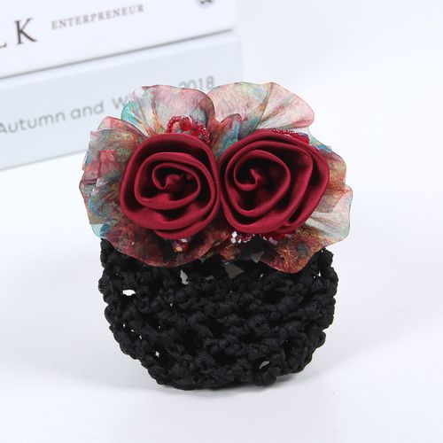 High-end Elegant Double Flower Hairnet Spring Hairpin Female Back of the Head Bun Bun Hairpin Net Bag Middle-aged Head Flower 
