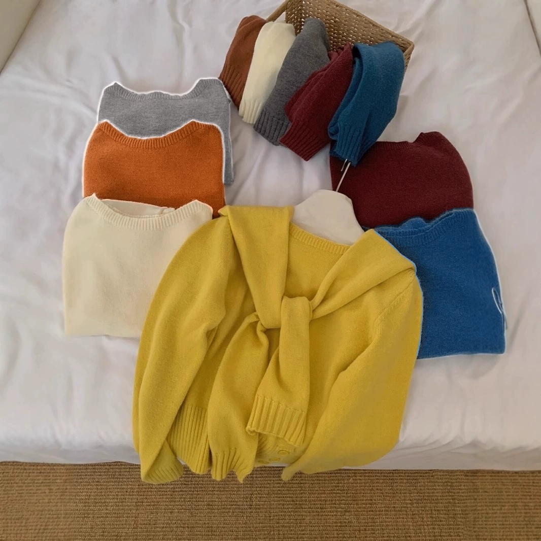 KANING корейский ретро боковой пряжки дизайн сплошной цвет дикий ленивый свитер с длинными рукавами трикотажный набор платка