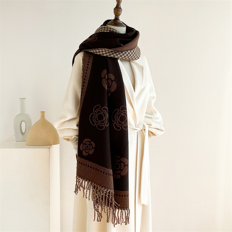 Herbst und Winter neue Tasche Damen Kerngarn Kamelie Tausend Vogelgitter doppelseitig warm Schal vielseitig dekorative Kaschmirschal_voghion.com