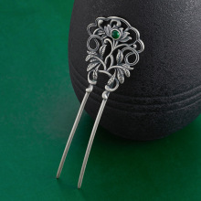 复古做旧镂空莲花绿玛瑙U型发簪925纯银日常盘发簪子头饰发钗排簪