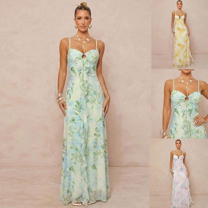 Chiffon Floral Dress European and American Style Suspender Mesh Printed Backless Waist-Cinching Beach Long Dress Women's Dress Chiffon Floral Dress European and American Style Suspender Mesh Printed Backless Waist-Cinching Beach Long Dress Women's Dress