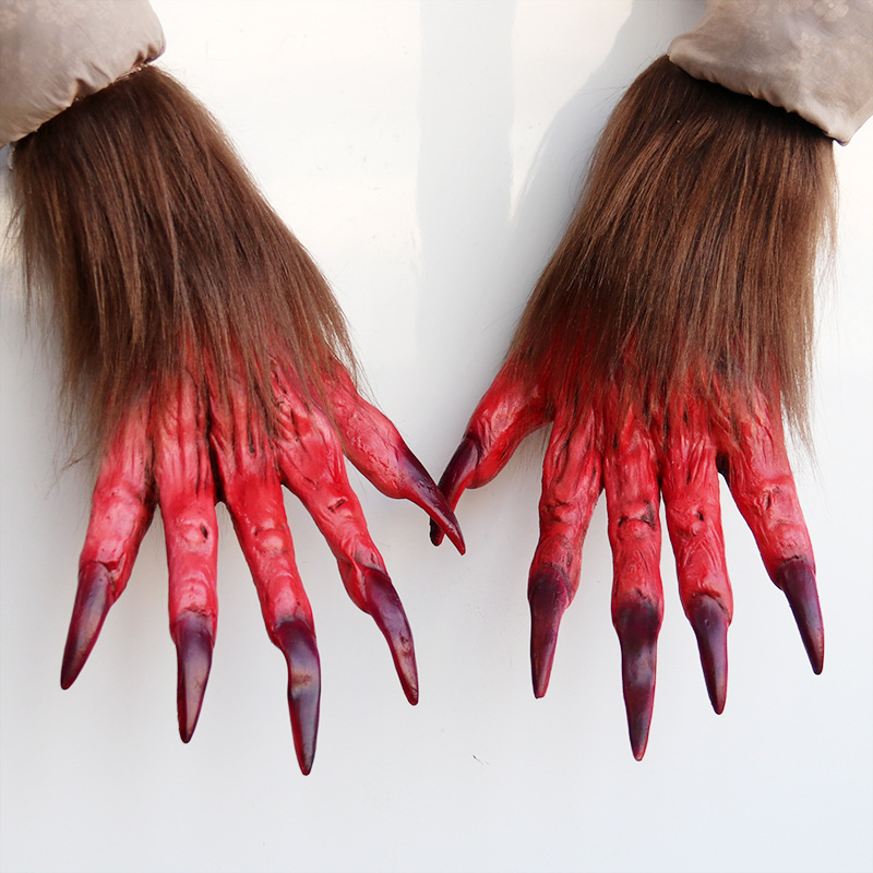 Gants de loup-garou Cosplay Halloween avec griffes de fantôme en fourrure Costume de personnage drôle d'Halloween griffes maison hantée accessoires d'horreur effrayants_voghion.com