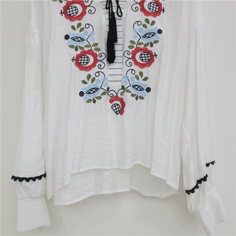 Camisa con Bordado para Mujer Poliéster Cuello V con Lazos