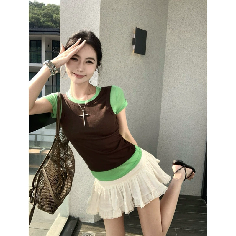 Реальный снимок, реальная цена, американская ретро стильная многослойная футболка из двух частей с цветными блоками, облегающий топ с круглым вырезом в стиле пэчворк