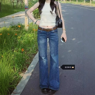 美式复古蓝色微喇牛仔裤不贴腿竹节纹宽松舒适高街遮腿粗喇叭裤