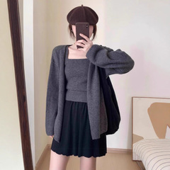 休闲慵懒风减龄秋冬时尚韩版宽松针织女开衫加吊带背心两件套毛衣