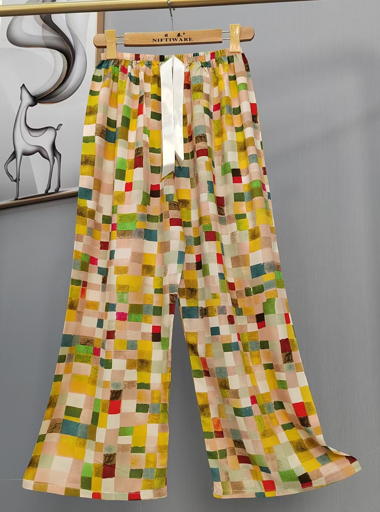 Pijama de seda de algodón para mujer, pantalones anchos de mujer embarazada de seda de algodón con estampado fino de verano