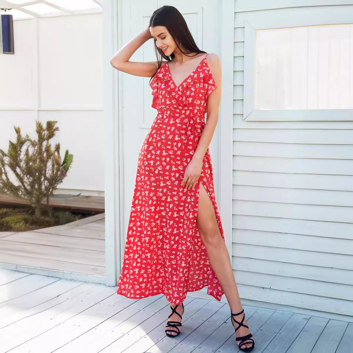 Cross-border exclusive for Amazon explosion sexy split v-neck ruffled printed bohemian dress bandage skirt