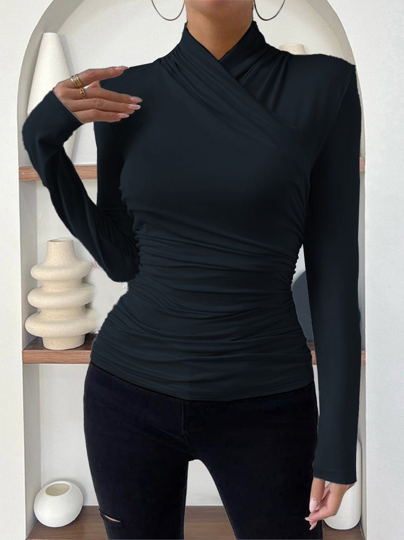Elegant Women's Cross-Neck Slim-Fit T-Shirt Tuck Detail Versatile Autumn Winter Wardrobe Staple Fashion Top for Ladies_ecoleips.com