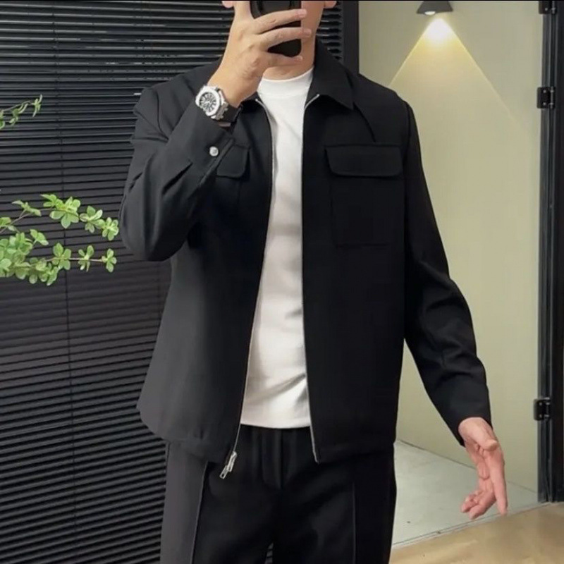 가을과 겨울 성숙한 남자의 높은 럭셔리 패션 트렌드 슬리밍 간단한 하이 엔드 옷깃 재킷 작은 직선 캐주얼 세트