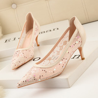 869-17 in Europe and the sexy show thin sequins thin high heels for women's shoes with high single shoes with pointed mesh lace