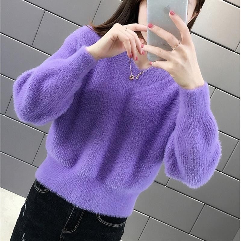 New women's pullover short sweater, new mink velvet imitation knitwear, loose-fitting autumn and winter sweater New women's pullover short sweater, new mink velvet imitation knitwear, loose-fitting autumn and winter sweater