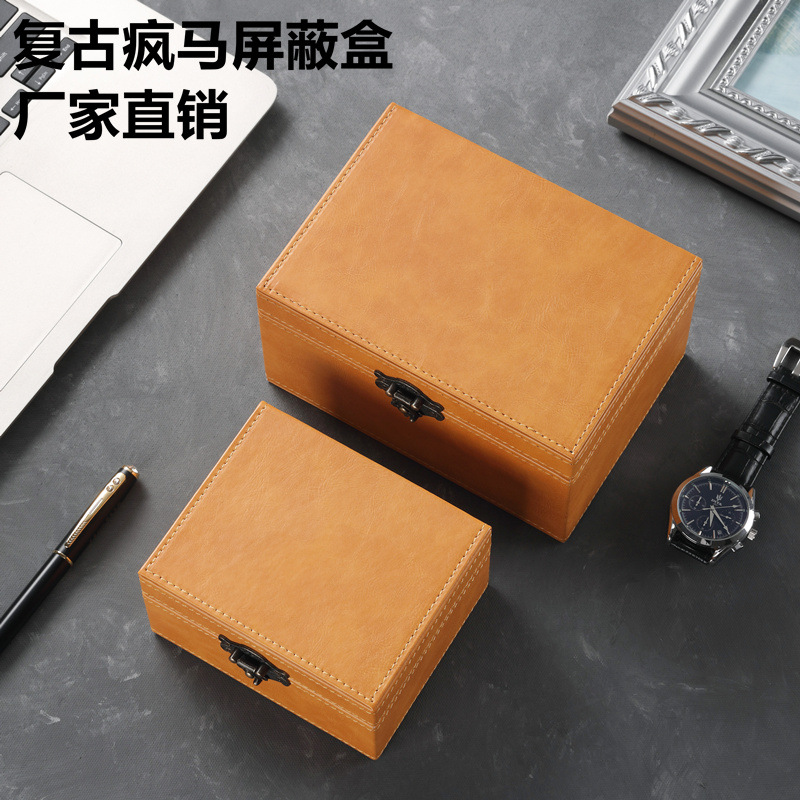 En stock de gran tamaño pequeño retro Crazy Horse patrón RFID Faraday caja de blindaje de coche clave caja de blindaje de señal de teléfono móvil