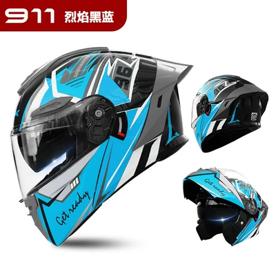 Motosiklet kaskı (dəbilqə) – Women, Motorcycle Safety Half Helmet - 911-unveiled-helmet-flame-black-and-blue-hd-dual-mirror