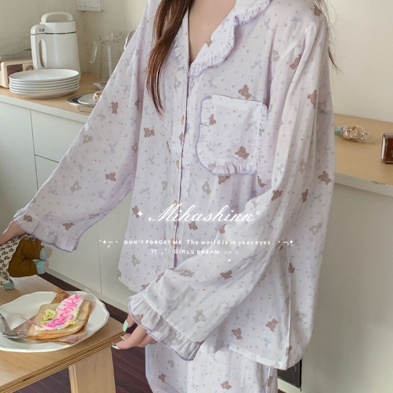 Mihashikk 100% cotton pure cotton baby double-layer gauze long-sleeve pajamas for women 2026 cotton gauze home wear wholesale