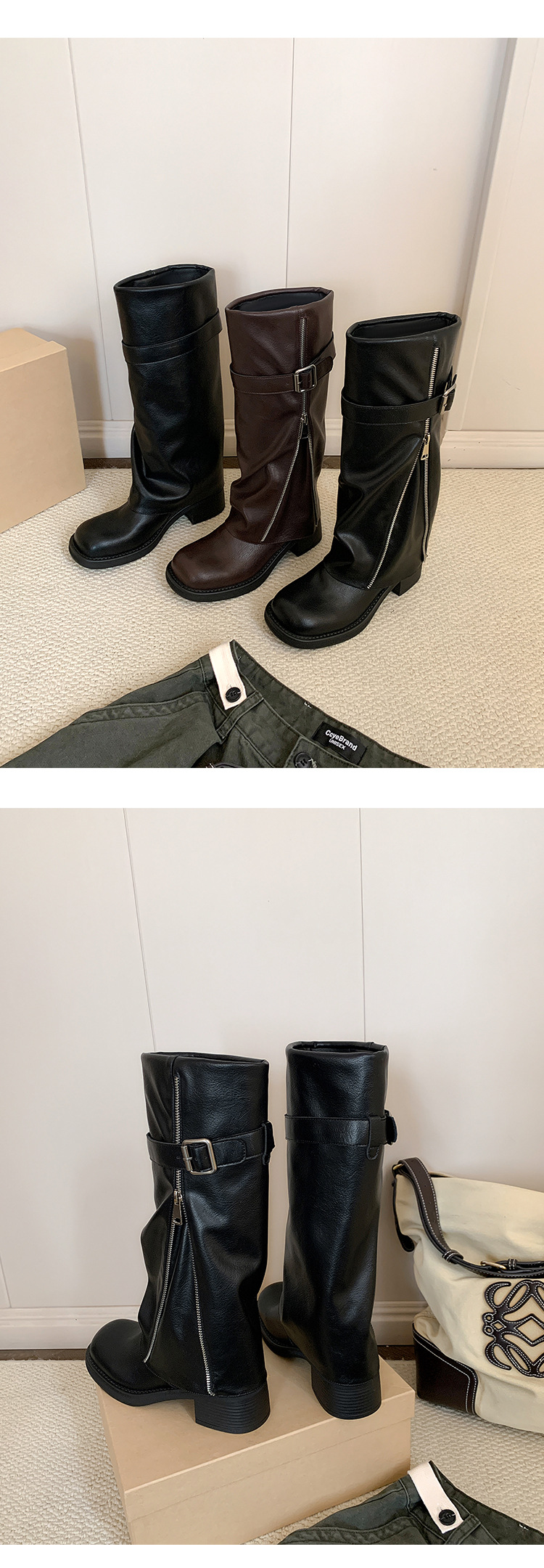 Boot nữ cổ cao ôm bắp chân da thật mũi tròn gót vuông Chunky khóa thắt lưng — màu đen, nâu đậm chi tiết 21