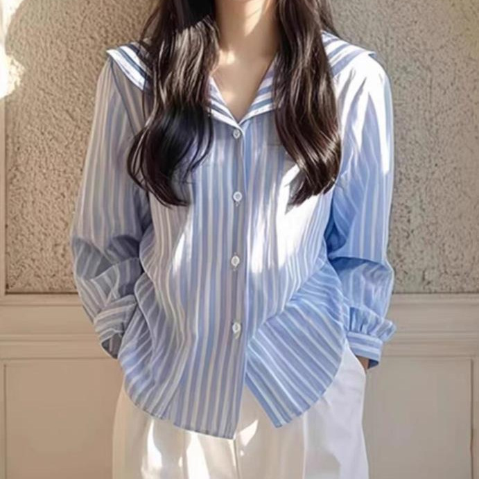 Blue Striped Navy Collar Long Sleeve Shirt 2024 Early Autumn New Women's Korean Fashion Top