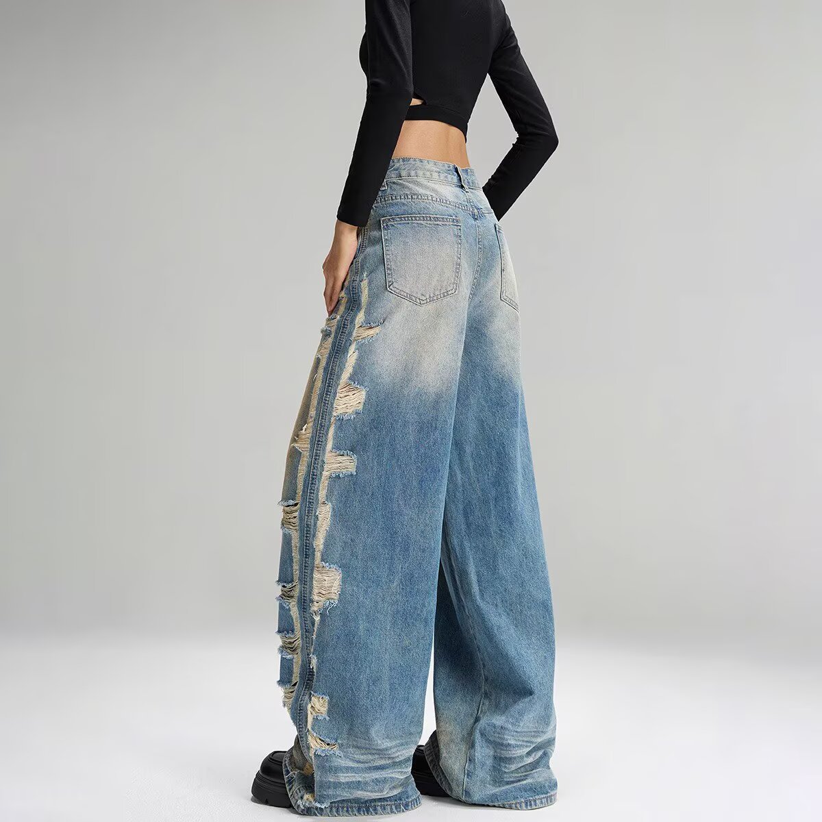 Unisex High-Waisted Wide Leg Jeans Vintage Washed Blue Distressed Artful Rips Bleached 90s Streetwear Revival Non-Stretch Cotton_mkmklike.com