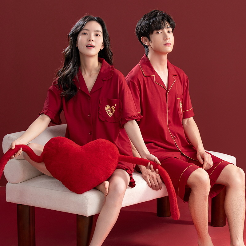 [7A antibacteriano] Conjunto de pijama de pareja de boda rojo verano algodón fino pantalones cortos de manga corta traje de servicio a domicilio