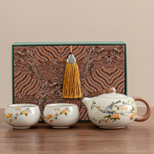 新中式黄汝窑喜上眉梢西施壶茶具套装釉上彩大容量可养开片泡茶壶