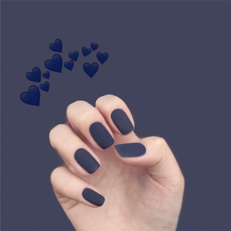 Frosted Dark Blue Mid-Length Pure Color Fake Nail Patches Wearable Manicure Stickers European and American Simple Finished Nail Patches 24 Pieces Matte