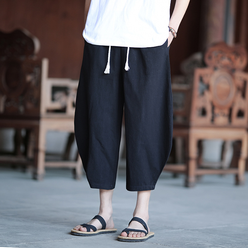 New Cotton and Linen Products on the Shelves, New Summer Styles 2025 Chinese Style Men's Trendy Loose Scimitar Pants Cropped Pants