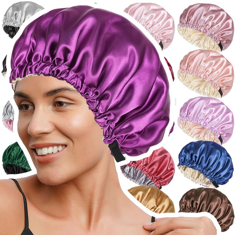 Cross-border new double-layer colored nightcap ladies fashion all-match hair care cap button adjustable shower cap wholesale Cross-border new double-layer colored nightcap ladies fashion all-match hair care cap button adjustable shower cap wholesale